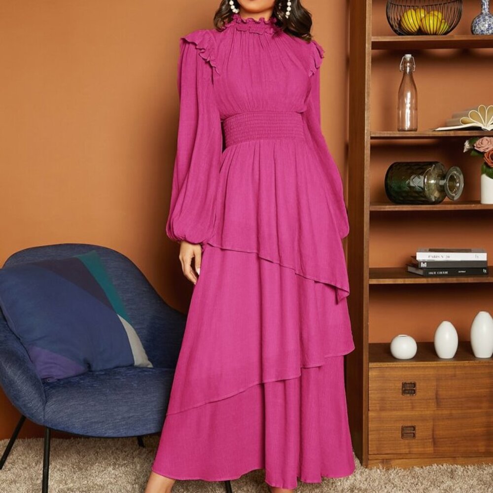 SHEIN Frill Trim Lantern Sleeve Layered Dress XS Hot Pink